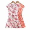 Women Summer Sweet Print Mini Dress Short Sleeve V-Neck Sashes Bow Tie Female Elegant Vintage Floral Dresses Vestidos 210513