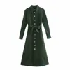 Za Vintage Corduroy Shirt Dress Women Long Sleeve Belt Office Lady Midi Dress Female Chic Front Metal Button Autumn Dresses 210602