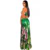 Midja band skär ut sommar bohemian maxi dres halter hals backless strand es sexig fjäder print club party 210623