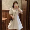 Kvinnor Vit Puff Sleeve Koreanska Fairy Dress Bows Chiffon Japan Stil Kawaii Elegant Vintage Party Sommar Mini 14556 210521