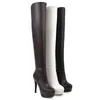 Bottes 2021 femmes sur le genou plate-forme mince talon haut dames cuisse PU cuir fermeture éclair latérale femmes noir marron blanc