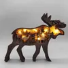 Handgjord trä 3D björn älg djur carving hantverk med lätt inredning för hem jul prydnad år xmas navidad gåva 211108