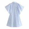 Mode manches chauve-souris simple boutonnage Mini robe été Vintage dentelle Appliques popeline Simple robes élégantes 210521