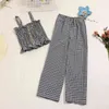 Sommer Strand Plaid Zwei Stück Set Mode Frauen Spaghetti Crop Tops und Hosen Outfit Weibliche Rüschen Trainingsanzug Kleidung 210525