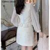 Vintage Beige Dress Sets Woman Chiffon Zipper Tops + Mini Skirts Spring Autumn Elegant Runway Party 2 Piece Sest Ladies OL 210603