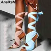 Aneikeh 2021 Lato Spiczasty Toe Cienkie Szpilki Sandały damskie Moda Lycra Cross-wiązane Mid-Cielę Sukienka Buty Zapatos de Mujer H1126