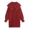 Yitimuceng Diamonds Jurken voor Dames A-lijn Solid Red Spring Peter Pan Collar Lange mouw Kledingkantoor Dame Fashion 210601