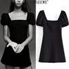 Sommerkleid Schwarz Leinen Kurz Damen Vintage Französisch Square Neck Puff Sleeve Sexy Strappy Mini 210519