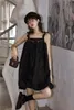 Siatka żakardowa czarny spaghetti pasek sukienka kobiety zamek błyskawiczny mini ball suknia koreański poślizg letni odzież 210427