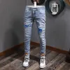 LY Designer Moda Mężczyźni Dżinsy Jasne Niebieski Wysokiej Jakości Elastyczne Slim Fit Drukowane Dżinsowe Spodnie Ołówek Streetwear Hip Hop Spodnie