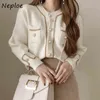 Neploe otoño Chic perla botón suéteres moda cárdigans simples mujeres cuello redondo Casual todo-fósforo doble bolsillos abrigo 1G715 211218