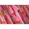 Boho Tassel Lacing v 넥 위치 꽃 프린트 짧은 드레스 핑크 민족 여자 스트라이프 긴 소매 휴가 드레스 해변 210429