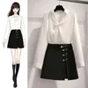 Fashion Two Pieces Women Solid White Blouse Top + Gold Pin Split Black Mini Skirt Female Elegant 2PCS Clothing Set 210416