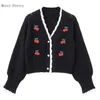 Cherry Haft Koreańscy Kobiety Krótkie Dzianiny Pullover Swetry Lato Z Długim Rękawem V-Neck Casual Sweet Style Girly Crop Top 211007