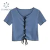 Women's Crop T-shirt voor Dames Cardiagan Lace-up Korte Mouw Zomer Tees Sexy Slanke V-hals Party Club Streetwear Tide Tops 210417