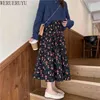 WERUERUYU Vintage Floral Print Cord Herbst Frühling Frauen Koreanische Rock Elastische Taille Midi Rock 210608