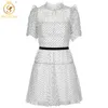 Przyjazd Kobiety Krótki Rękaw Letnia Koronkowa Sukienka High-End Stand Collar Dot White Party Vestido 210520