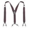 Brown Leather Suspenders for Men Y Shape 6 Strong Clips Heavy Duty Big and Tall Adjustable Elastic Trouser Braces Father Gifts