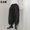 [EAM] High Elastic Waist Black Pleated Long Wide Leg Trousers New Loose Fit Pants Women Fashion Tide Spring Summer 2021 1DD8634 Q0801