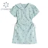 Groene Plaid Button Up Shirt Dames Jurken Zomer Sailor Collar Puff Sleeve Hollow Out Tunic Moon Print Mini Dress Vrouw 210417