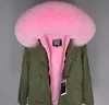 Keep warm fox fur trim hoody mukla furs women parkas pink rabbit fur lining silver mini jackets ykk zipper coat hood Front flapped pockets with hidden snaps