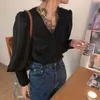 Chegada elegante tops mulheres camisa lace sólido francês lanterna manga v-pescoço estilo coreano solto blusa blusas 210525