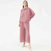 Autumn Winter Women Fashion Miyake Pleated Plus Size Two piece set pink outfits harem pants bat sleeve top 211109