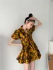 Jacquard Puff Sleeve Summer Dress Short Yellow Floral Ball Gown Collared Mini Gold Elegant Fashion 210427