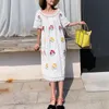 White Khaki Women Lace Embroidery Loose Dress Slash Neck Short Sleeve Knee Length Vocation Summer Floral D1218 210514