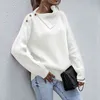 Knit Side Lapel Pullovers Women Autumn and Winter Casual Shoulder Button Half-Open Collar Sweater Women's Pullovers 210514