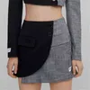 エレガントな女性のハイウエストミニスカートファッションレディースポケットパッチワークスカートストリートウェア女性シックボタン非対称210427