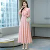 봄 패션 우아한 기질 여성 중공 밖으로 꽃 무늬 인쇄 맥시 레이스 파티 드레스 210531