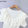 Summer Women Sweet Lace White Dress Female Short Sleeve Layered Ruffle Cake Party Mini Vestido 210430