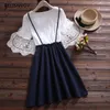 Preppy Style Summer Women Cute Dress Peter Pan Collar Rabbit Embroidery Cotton Girl s Elegant Kawaii Student s 210520