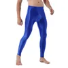 Mens solid färg glansig byxor bekväm bulge pås byxor mitt elastiska midjeband stretchy leggings exotiska mager byxor y0811