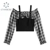 Crop Plaid Patchwork Fake 2 Stück Blusen oder Tops Frauen Langarm Party Club Bar Slim Sexy Shirts Punk Strap E-Girl Blusas 210417