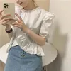 Blue O Neck Puff Sleeve Blouse Women Korean Chic Casual Simple Blusas Mujer De Moda Summer Ruffles White Tops Sweet Slim Wild 210429