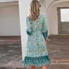 Elegant Bohemia Women Dress Spring Autumn Floral Print V Neck Three Quarter Sleeve Lace Up Sashes Casual Holiday Sundress Female 210526