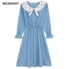 Mori Girl Cute Kawaii Drukuj Słodka Sukienka Jesień Moda Łęk Długi Rękaw Dżinsowy Tkanina Cat Haft Kobiety Vintage Vestidos 210520