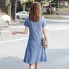 Minimalist Blue Dress Women's Summer Round Neck Waist Short Sleeve Knee-lenghth Dresses Female Tide 5E307 210427