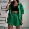 Sampic Casual lounge desgaste verão tracksuit verde mulheres shorts conjunto de camisa de manga curta tops e solta mini shorts dois pedaços conjunto y0702