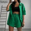 Sampic Casual Lounge Wear Été Vert Survêtement Femmes Shorts Ensemble Chemise À Manches Courtes Hauts Et Mini Short Lâche Ensemble Deux Pièces Y0702