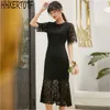 summer Elegant Temperament Hook Flower Hollow Dress O neck short sleeve Pleated Mermaid 210531