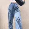 Jeans pour femmes Mode Casual Rétro Slim Denim Pantalon à jambes larges Lâche Droite Papillon Imprimé Lavé Femmes