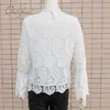 Summer Vintage Women White Lace Crochet Shirt Fashion Long Sleeve See Through Hollow Out Blouse Sexy Top 210415