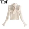 TRAF Femmes Mode Organza Patchwork À Volants Pull Tricoté Vintage Col Haut Avec Noeud Noeud Femme Chemises Chic Tops 210415