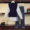 Tidig vår stor storlek Casual Suit Women's Temperament Stripe Oregelbundet Cinched Sticked Vest Shirt Jeans Three-Piece Set Two Piece Pants