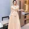 Летние мода повседневные женщины с коротким рукавом поворотного воротника плиссированные платье шифон Maxi платья 210531
