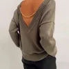 Сексуальная сплошная цепь без спинки V-образным вырезом Пуловер осенью длинные рукава с плеча свитер Женщины High Street Pullovers повседневные свитеры 210514
