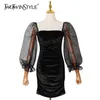 Vestido de veludo ruched preto para mulheres colarinho quadrado sopro de manga longa cintura alta mini vestidos feminino moda 210520